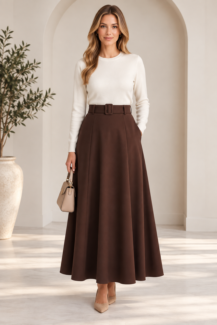 Audrey | Belted A-Line Midi Skirt