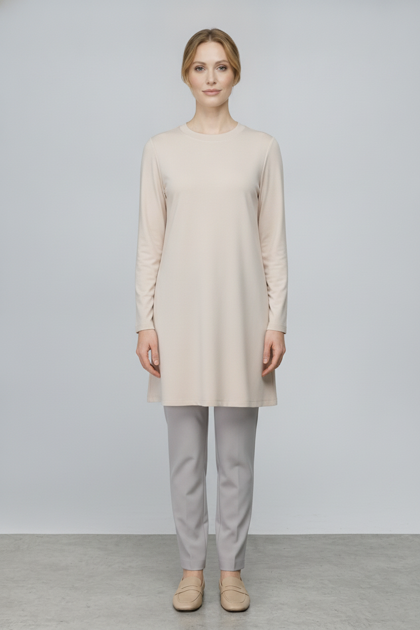 Liv | Crepe Long-Sleeve Top — Beige (front)