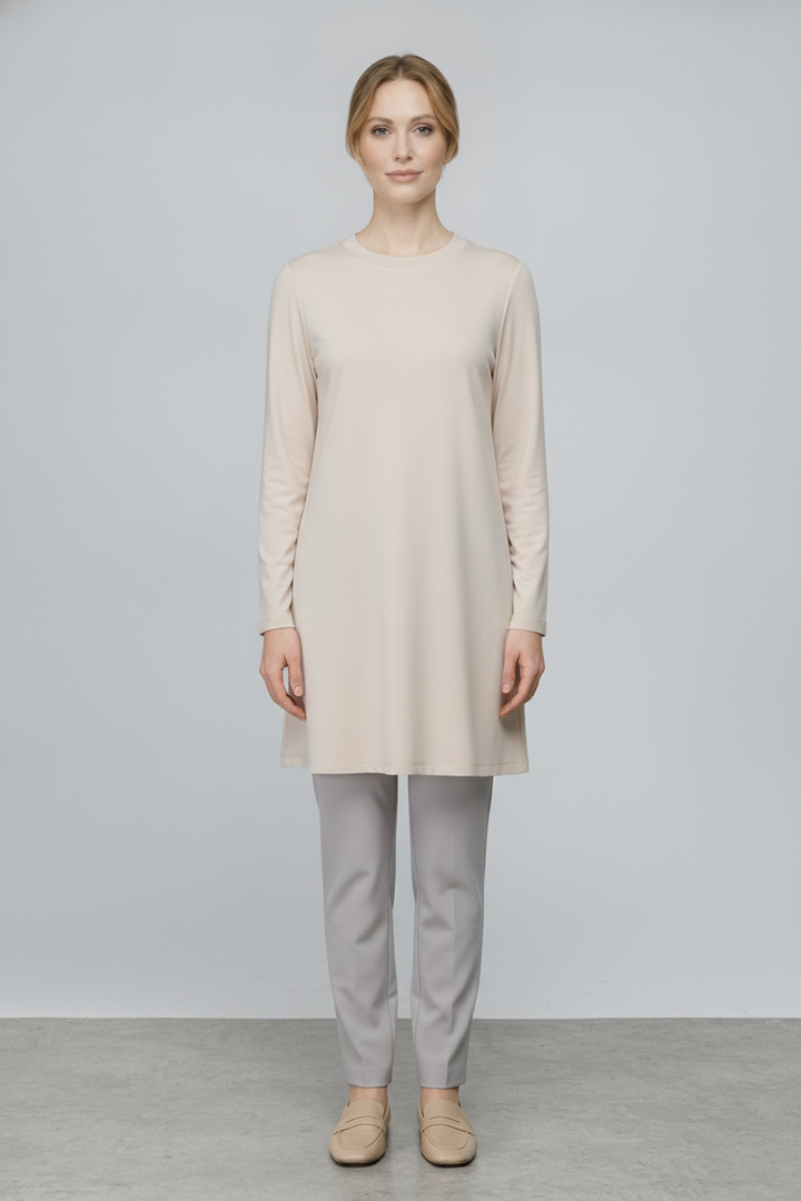 Liv | Crepe Long-Sleeve Top — Beige (front)