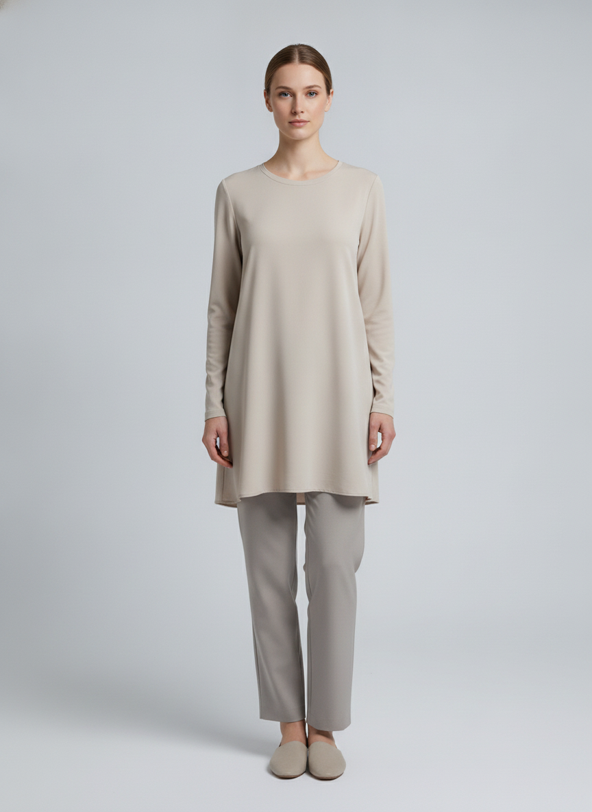 Liv | Crepe Long-Sleeve Top — Beige (front)