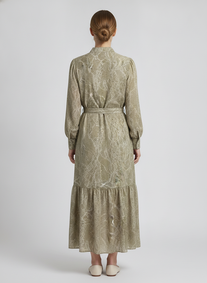 Anais | Python Print Belted Shirt Dress — Green (back)