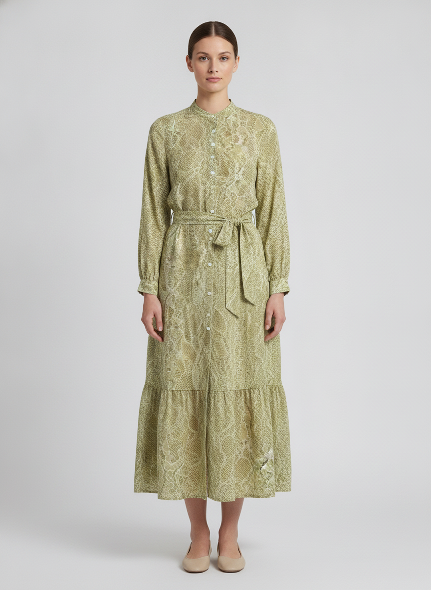 Anais | Python Print Belted Shirt Dress — Green (front)