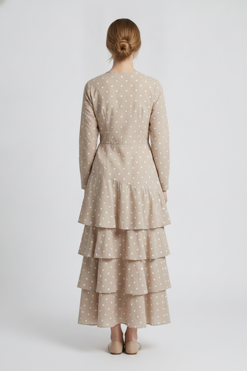 Petra | Polka Dot Tiered Dress — Beige (back)