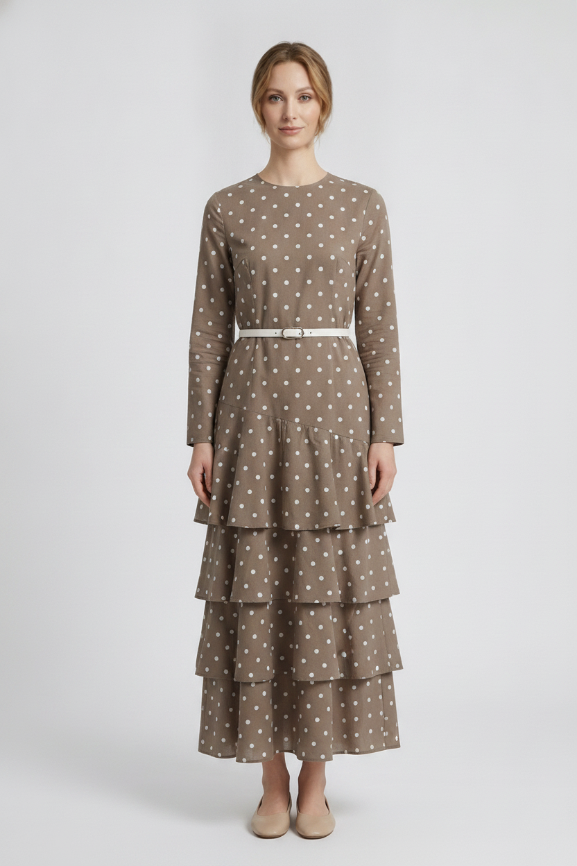 Petra | Polka Dot Tiered Dress — Mocha (front)