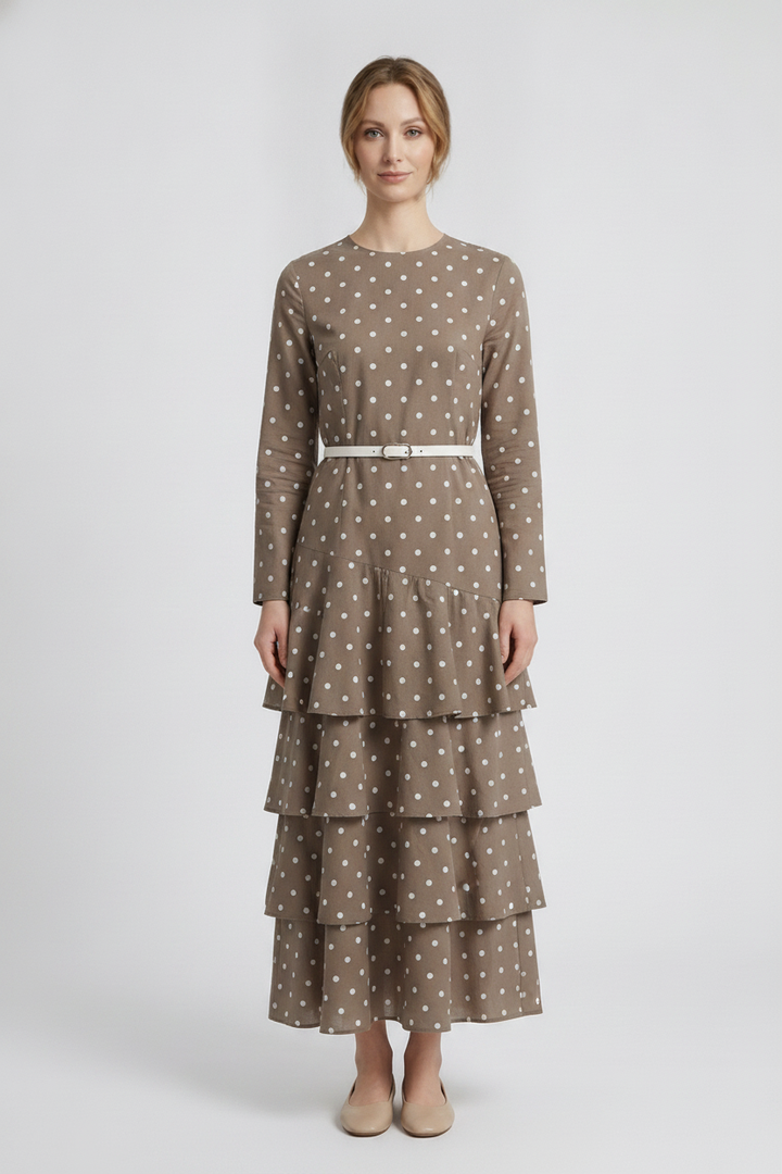 Petra | Polka Dot Tiered Dress — Mocha (front)