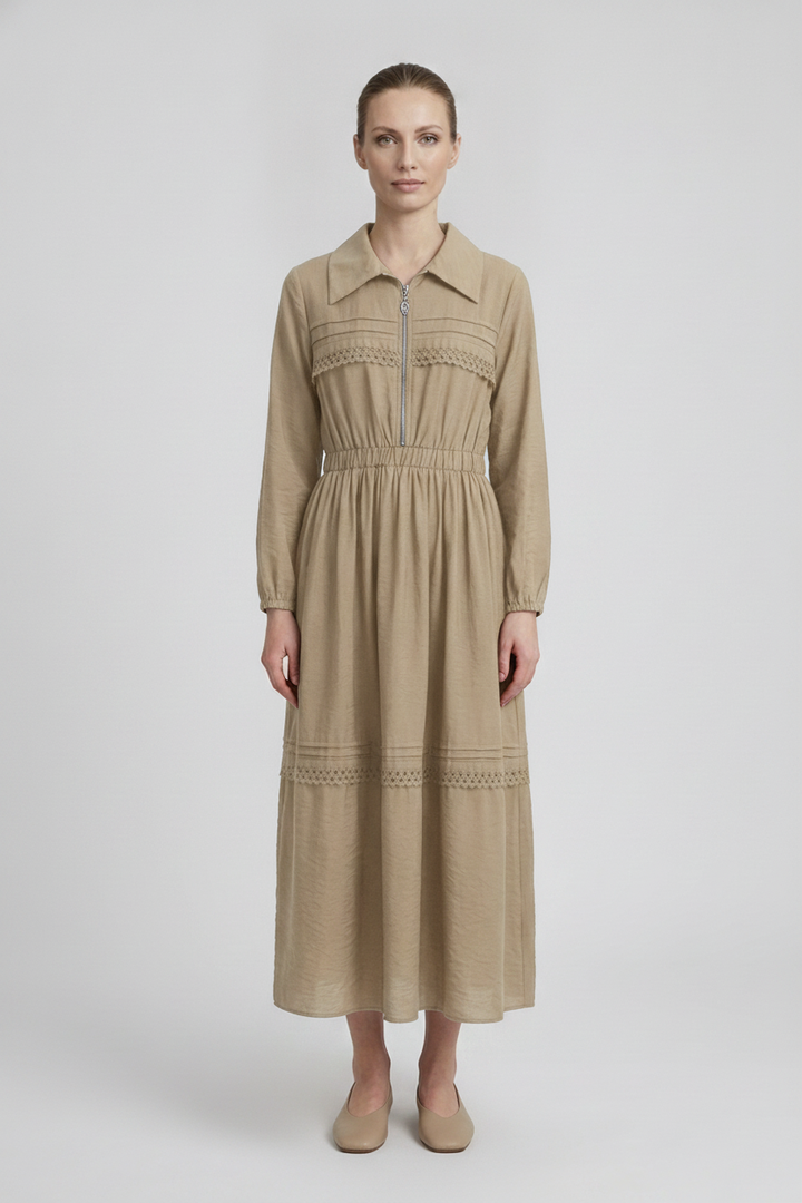 Sable | Eyelet Zip Front Dress — Beige (front)