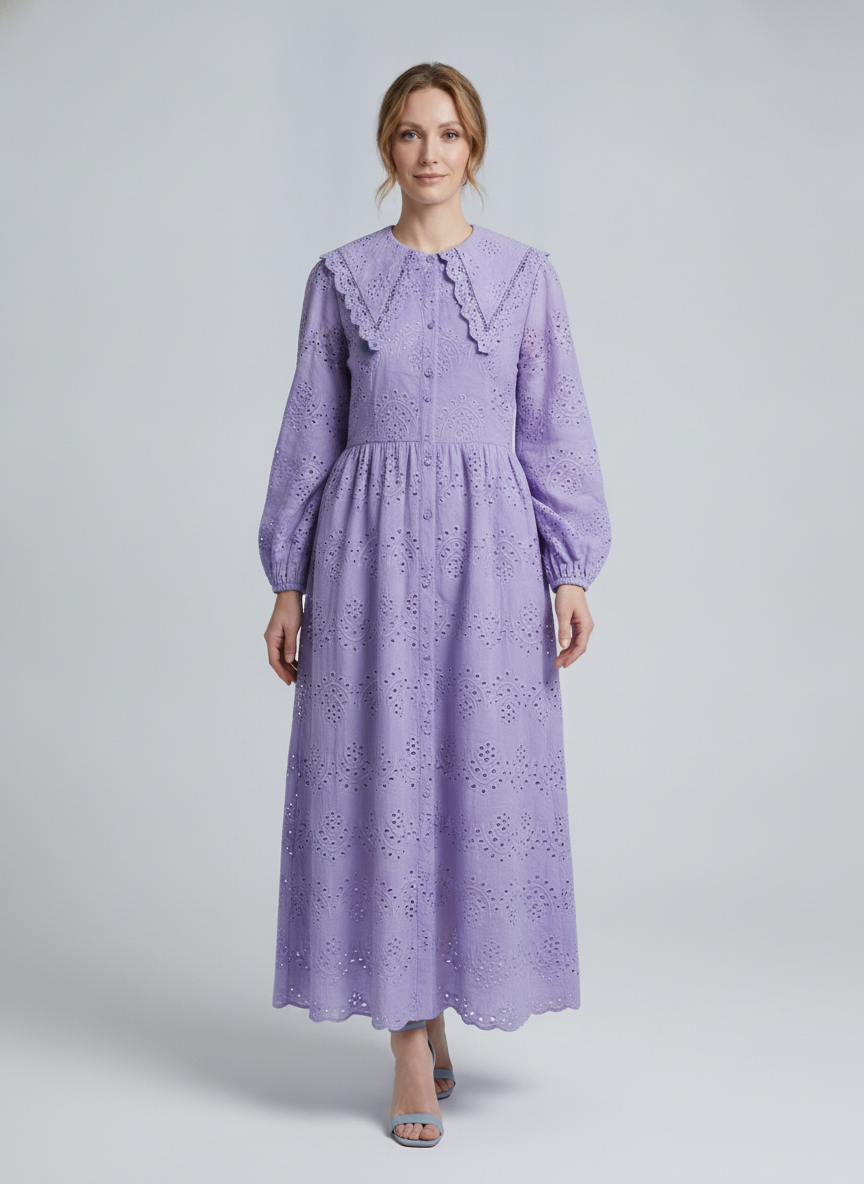 Flora | Eyelet Sailor Collar Dress — Purple (front)