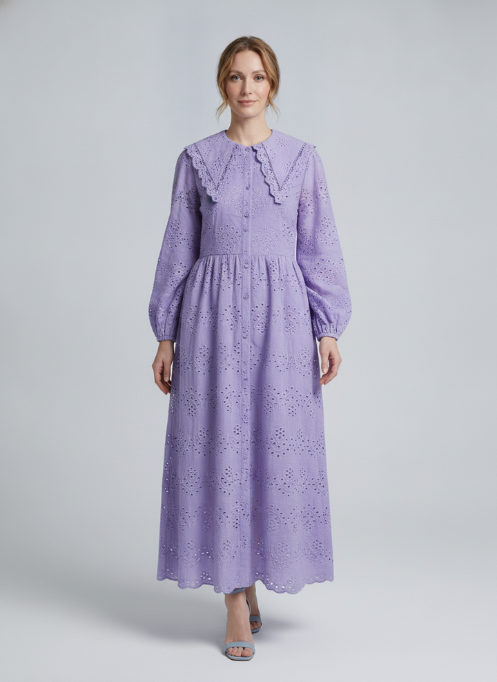 Flora | Eyelet Sailor Collar Dress — Purple (front)