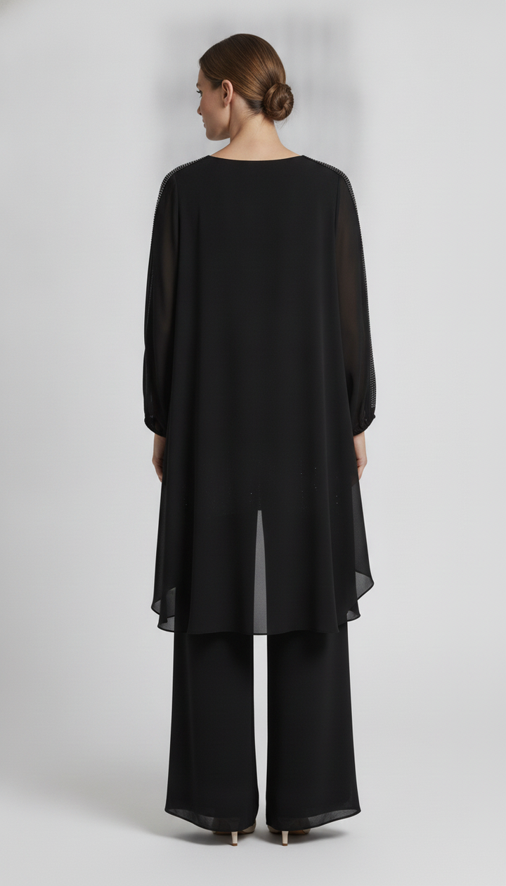 Noir | Chiffon Rhinestone Trim Two-Piece Set — Black (back)