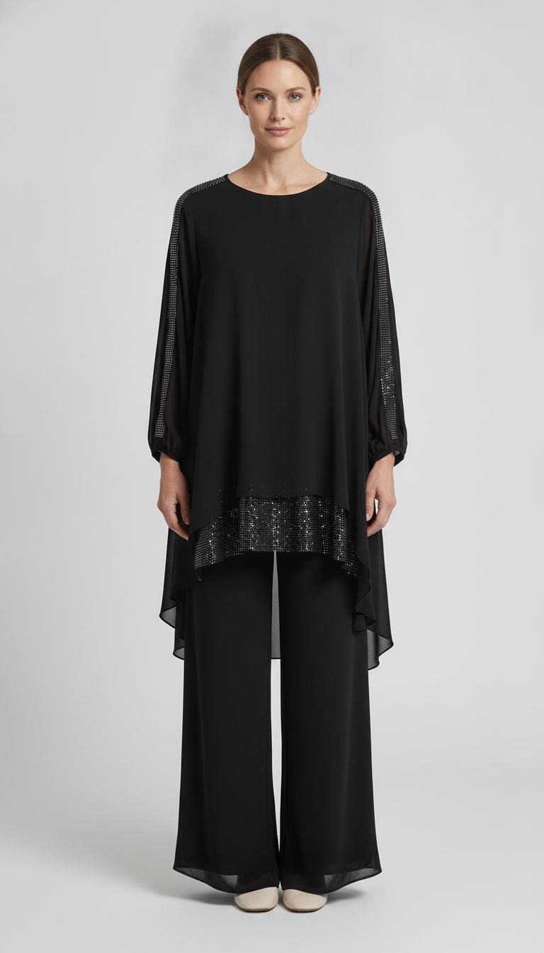 Noir | Chiffon Rhinestone Trim Two-Piece Set — Black (front)