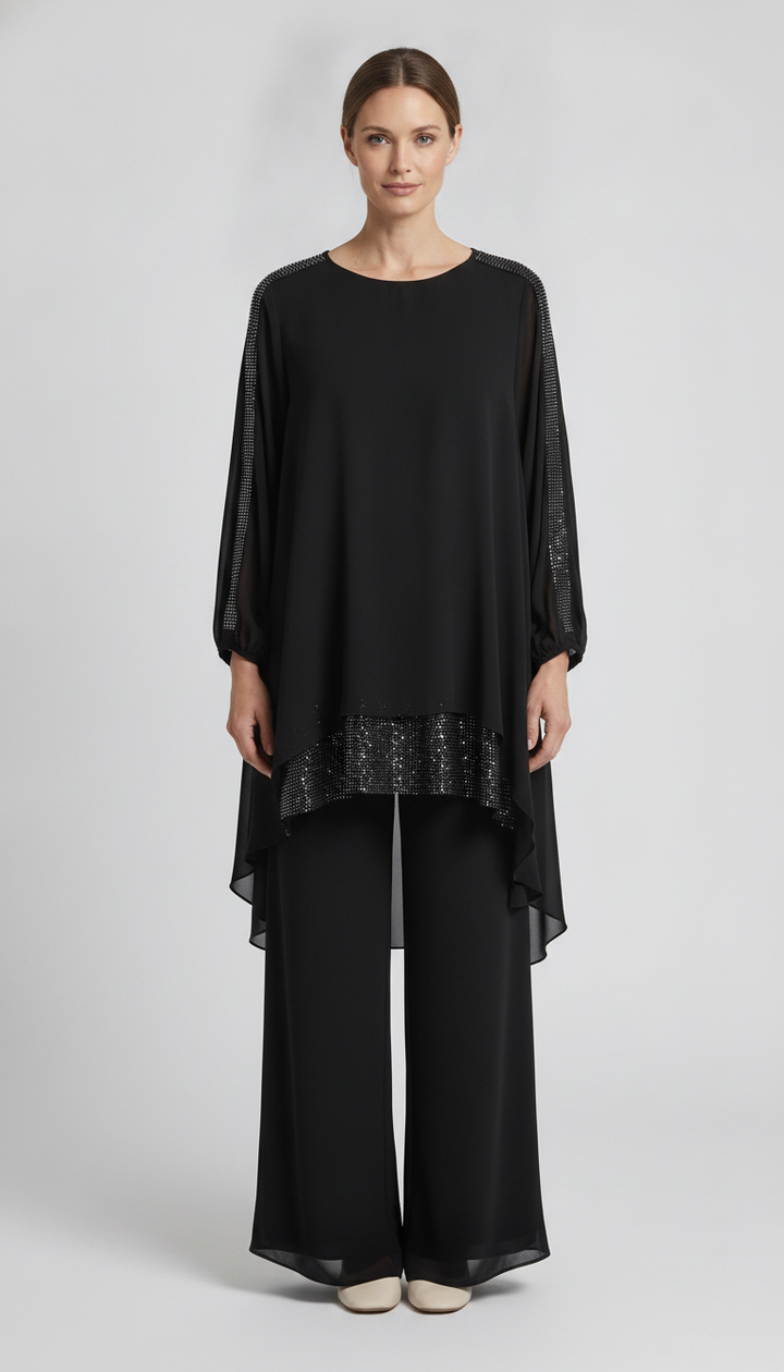 Noir | Chiffon Rhinestone Trim Two-Piece Set — Black (front)