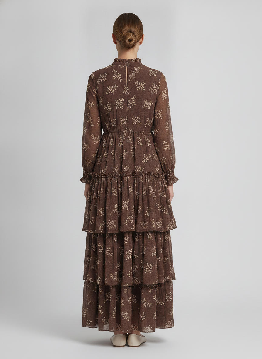 Wren | Botanical Tiered Dress — Brown (back)
