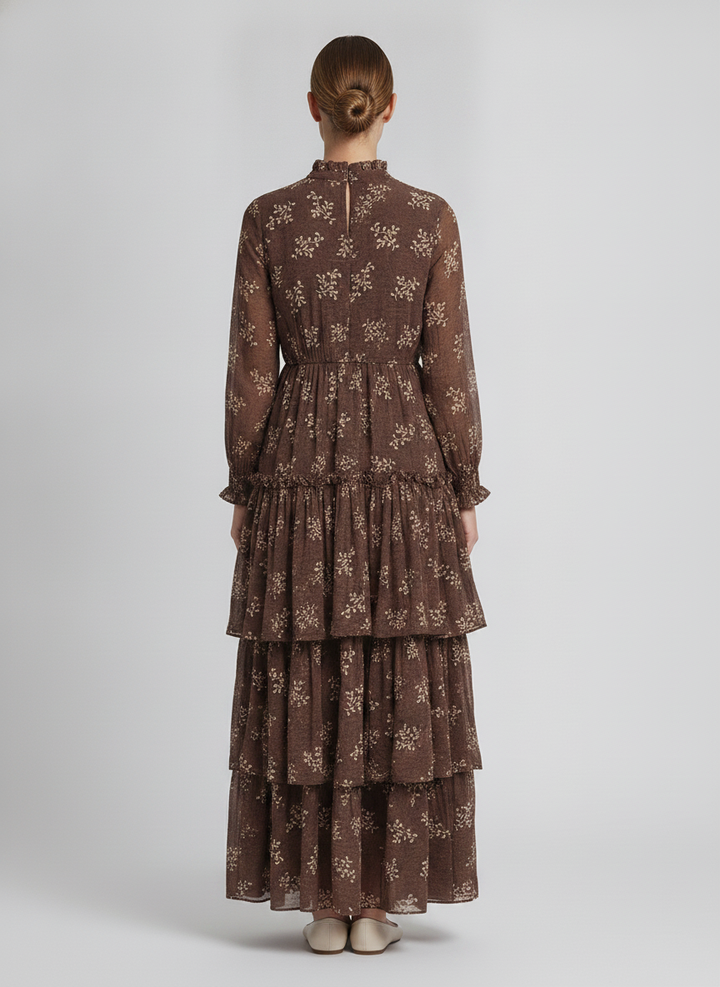 Wren | Botanical Tiered Dress — Brown (back)