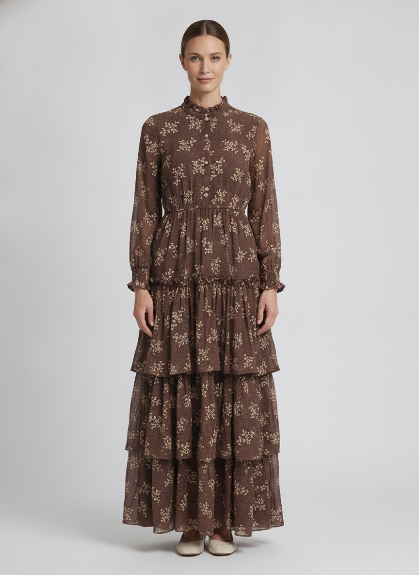Wren | Botanical Tiered Dress — Brown (front)
