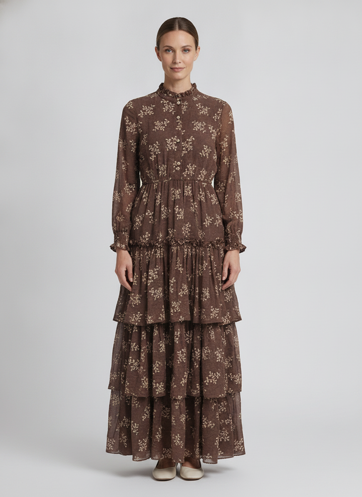 Wren | Botanical Tiered Dress — Brown (front)