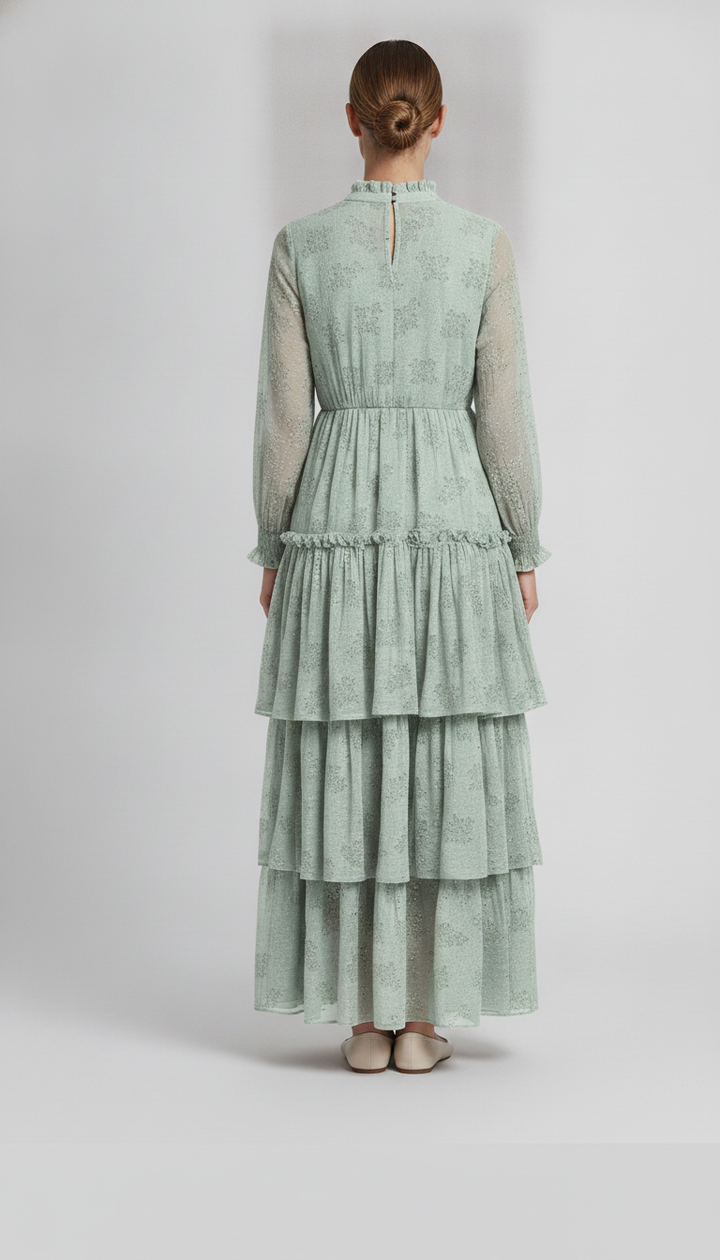 Wren | Botanical Tiered Dress — Mint (back)
