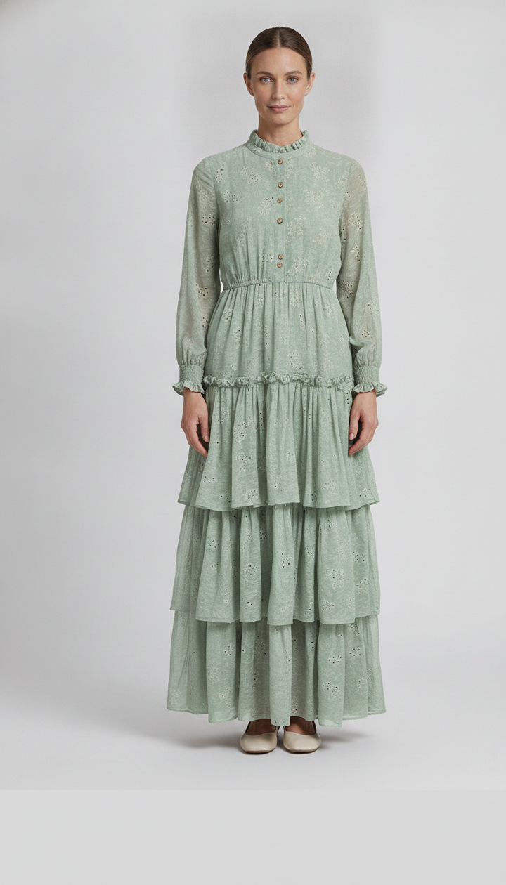 Wren | Botanical Tiered Dress — Mint (front)