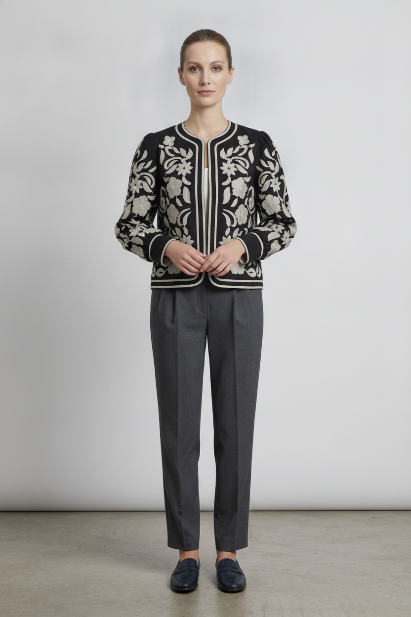 Liesel | Floral Embroidered Jacket — Black (front)
