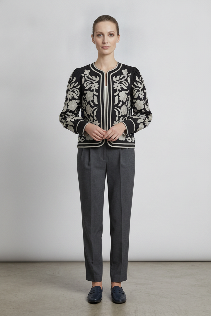 Liesel | Floral Embroidered Jacket — Black (front)