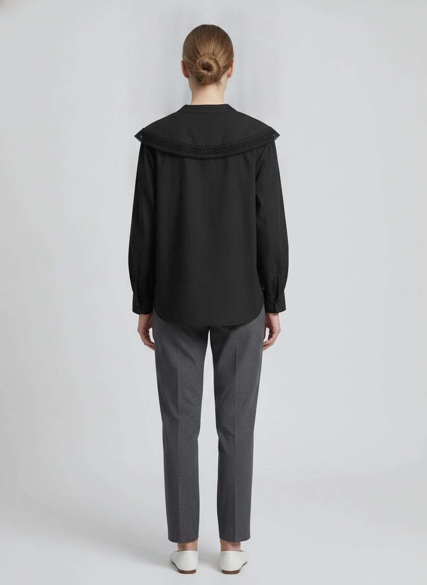 Cosette | Lace Statement Collar Poplin Blouse — Black (back)