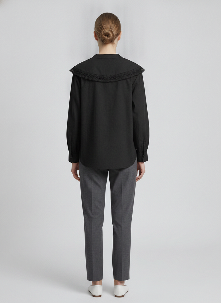 Cosette | Lace Statement Collar Poplin Blouse — Black (back)