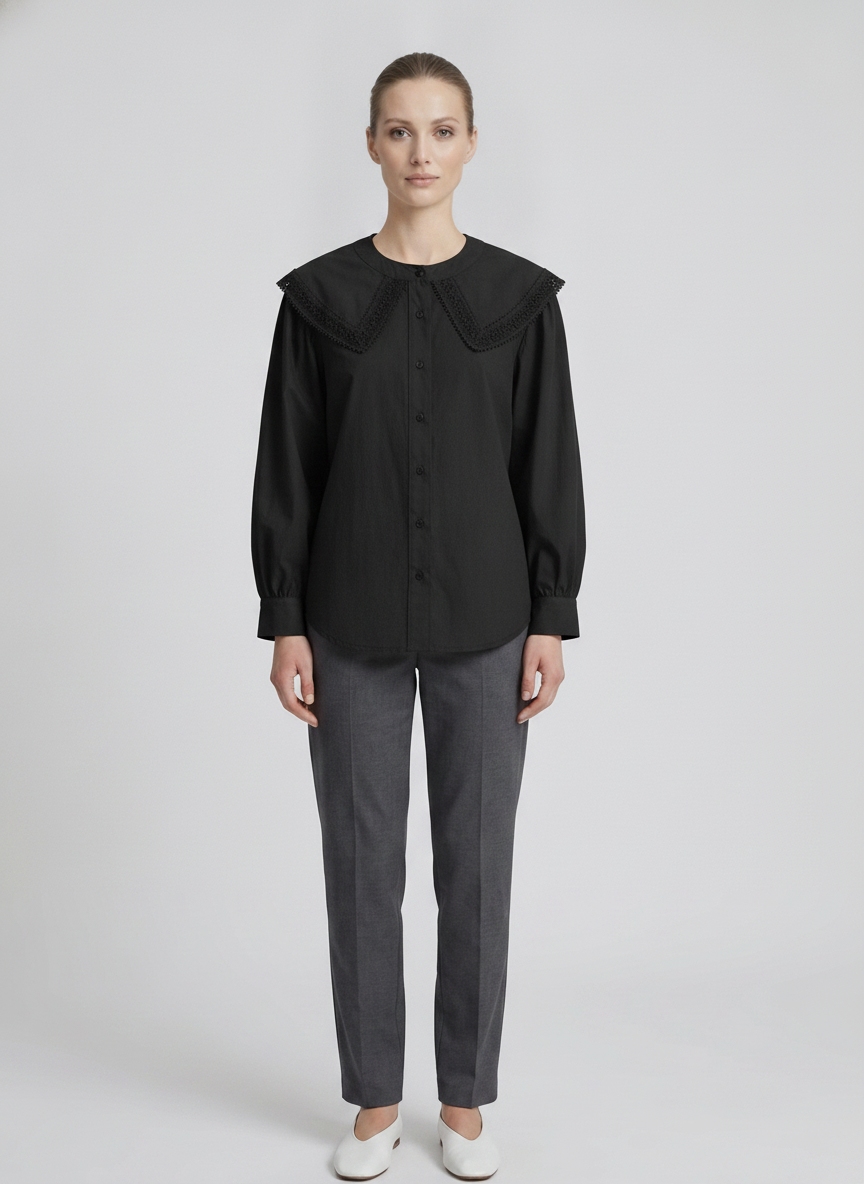 Cosette | Lace Statement Collar Poplin Blouse — Black (front)