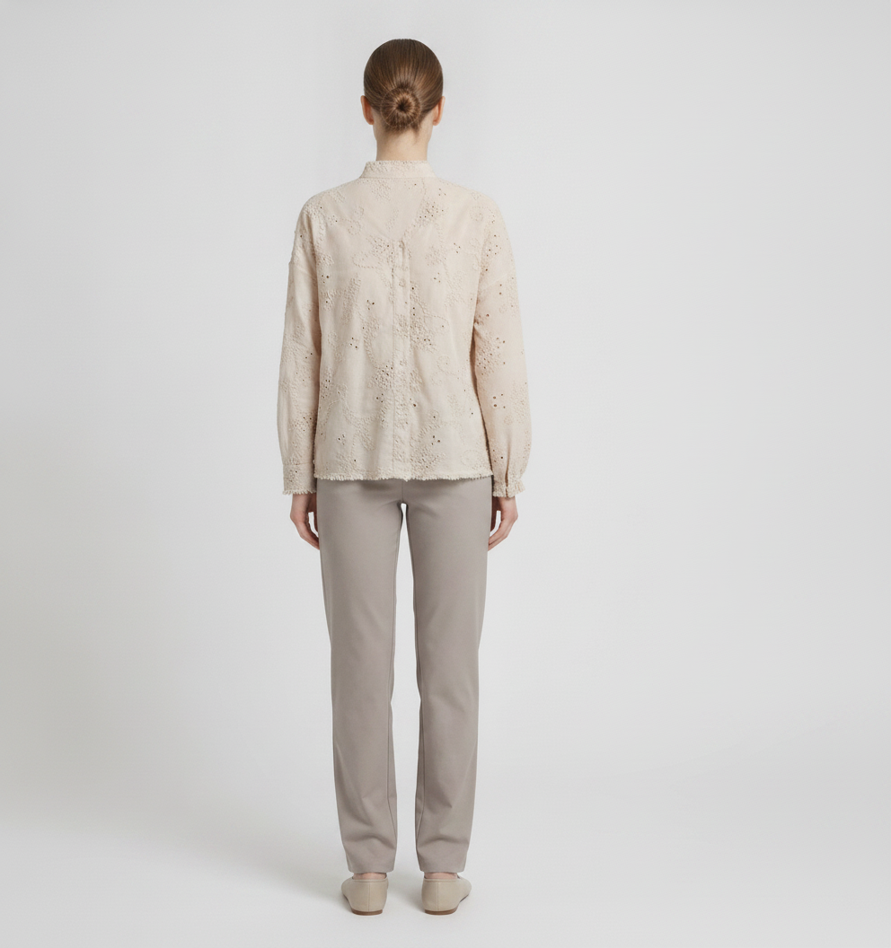 Mireia | Textured Cornelli Embroidered Blouse — Beige (back)