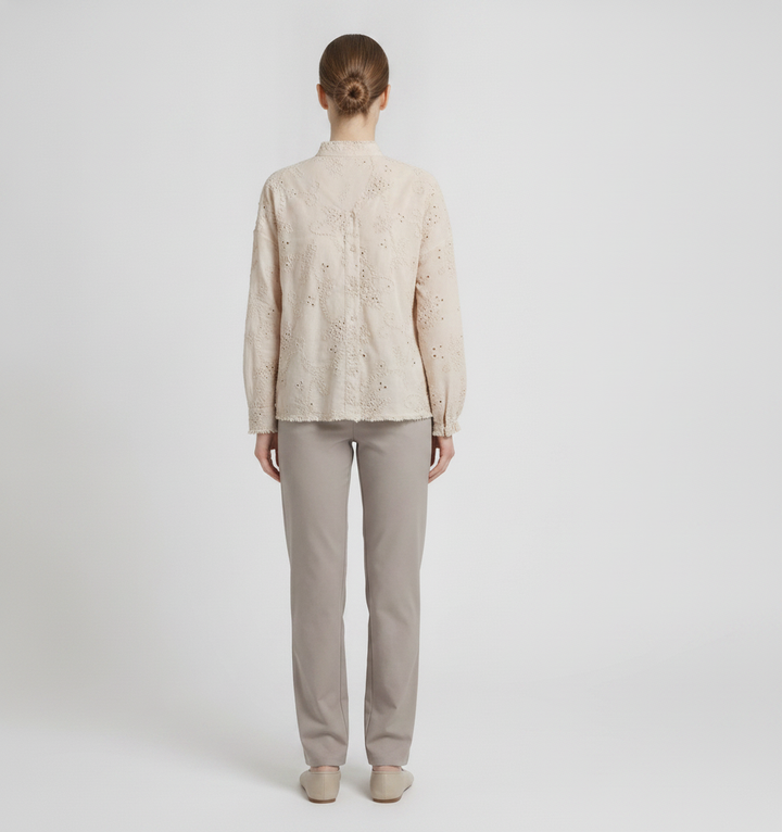 Mireia | Textured Cornelli Embroidered Blouse — Beige (back)