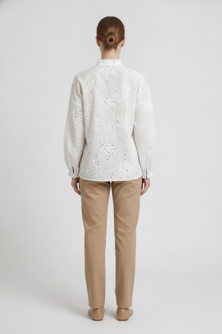 Mireia | Textured Cornelli Embroidered Blouse — White (back)