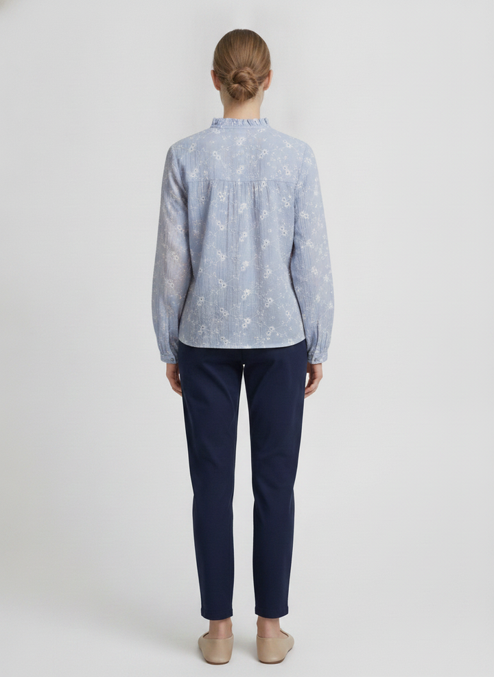 Margot | Daisy Embroidered Tie-Neck Blouse — Blue (back)