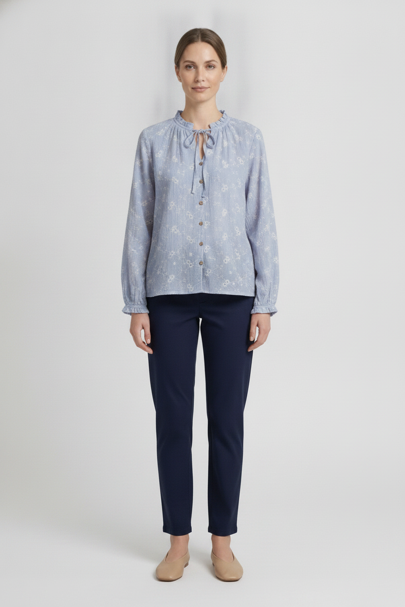 Margot | Daisy Embroidered Tie-Neck Blouse — Blue (front)