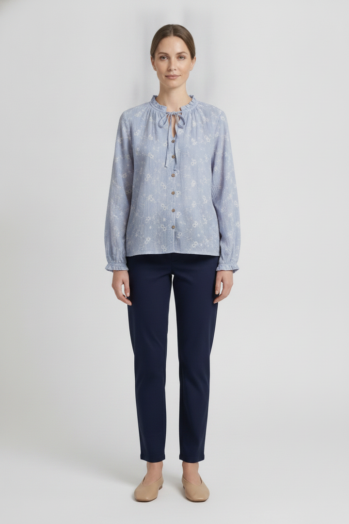 Margot | Daisy Embroidered Tie-Neck Blouse — Blue (front)