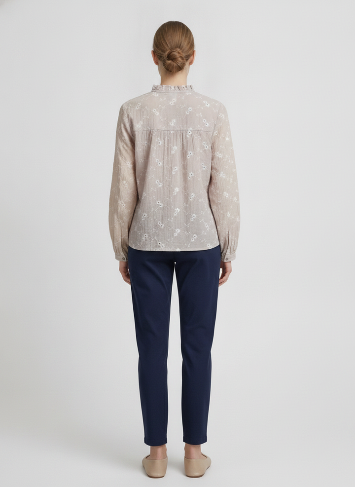 Margot | Daisy Embroidered Tie-Neck Blouse — Vison (back)