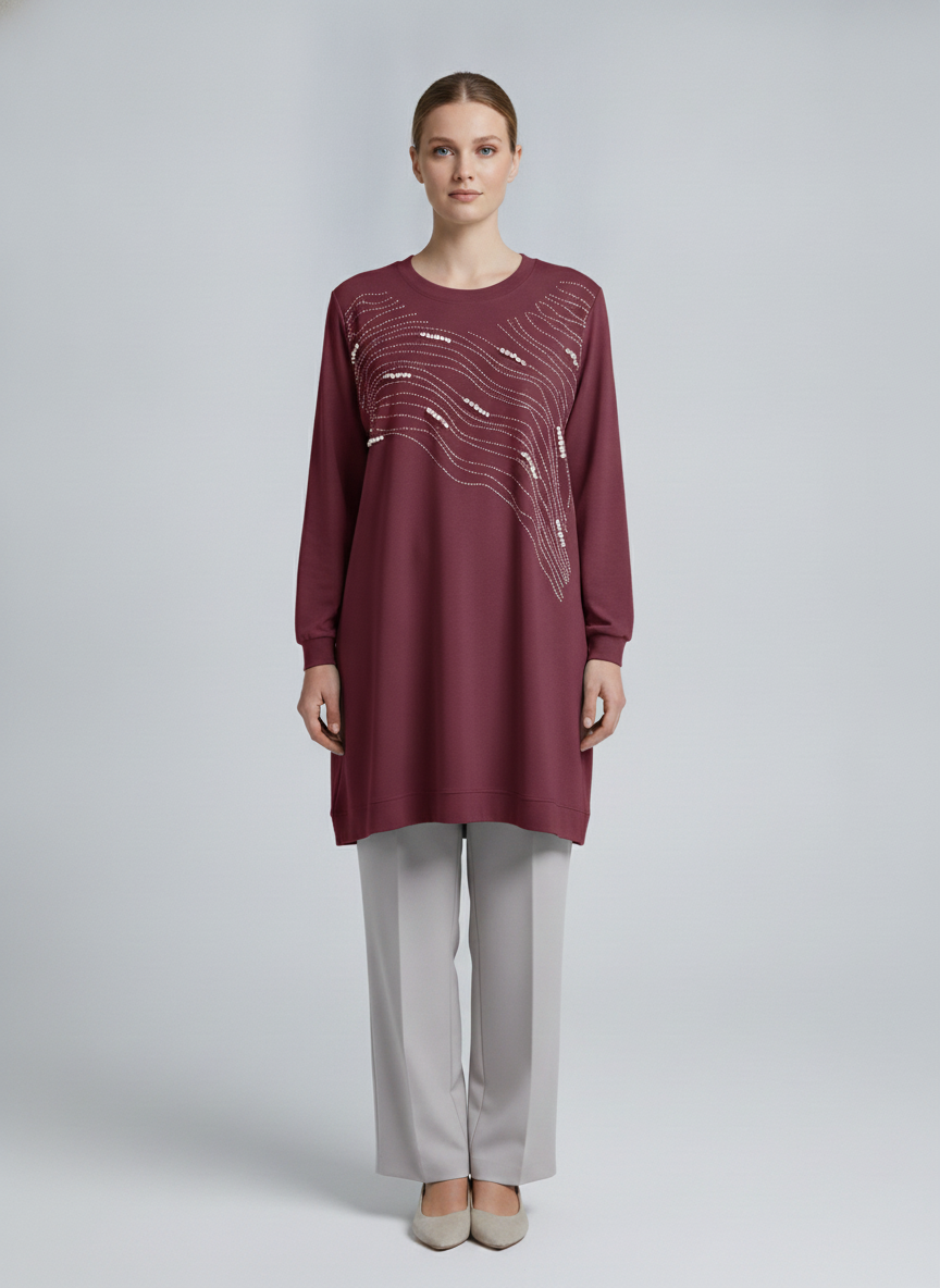 Ondine | Pearl Wave Embellished Tunic — Burgundy (front)