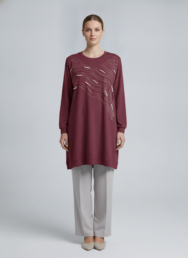 Ondine | Pearl Wave Embellished Tunic — Burgundy (front)