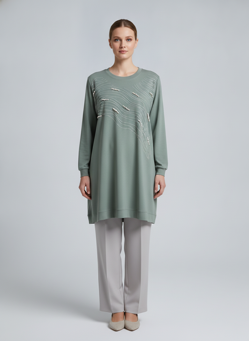Ondine | Pearl Wave Embellished Tunic — Mint (front)