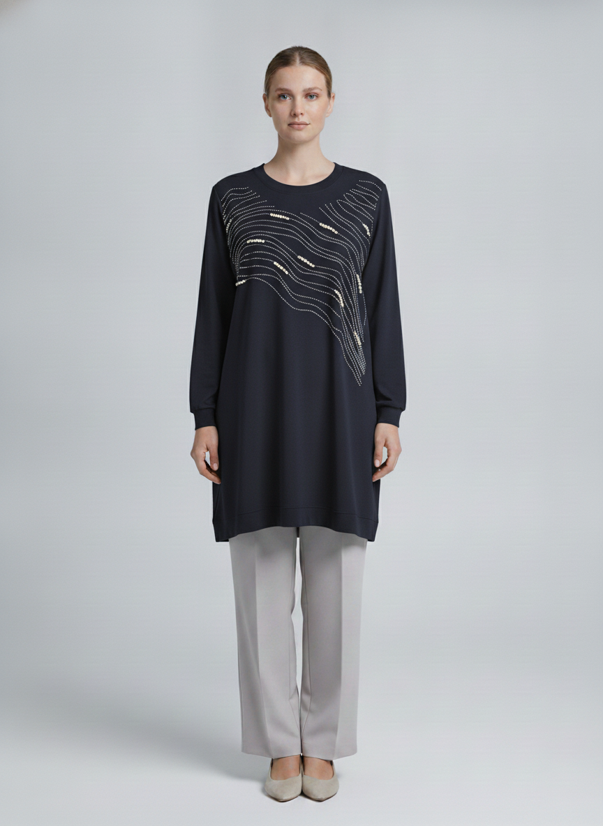 Ondine | Pearl Wave Embellished Tunic — Navy (front)