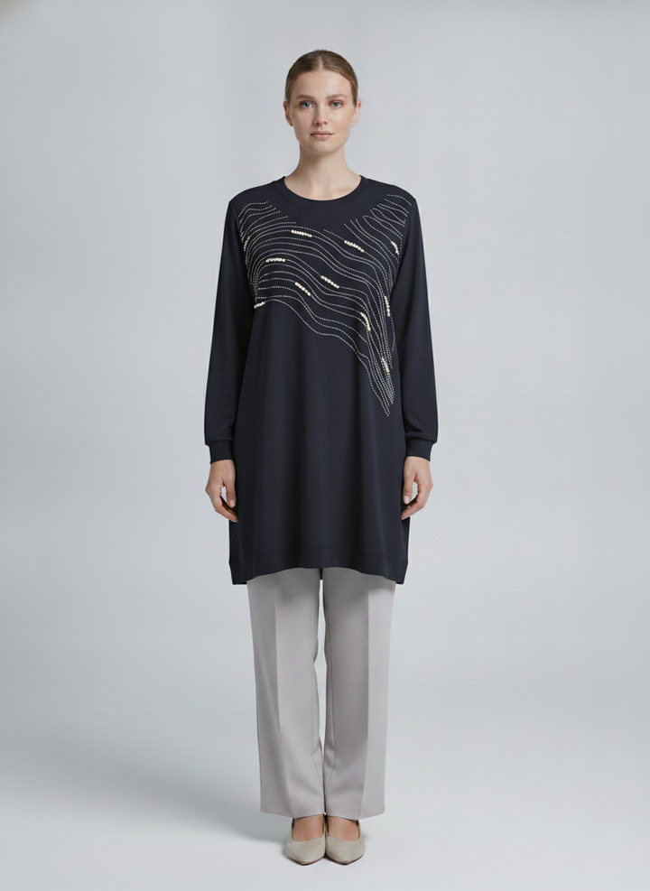 Ondine | Pearl Wave Embellished Tunic — Navy (front)