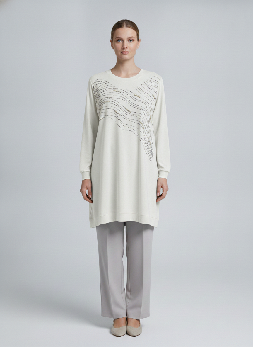 Ondine | Pearl Wave Embellished Tunic — White (front)