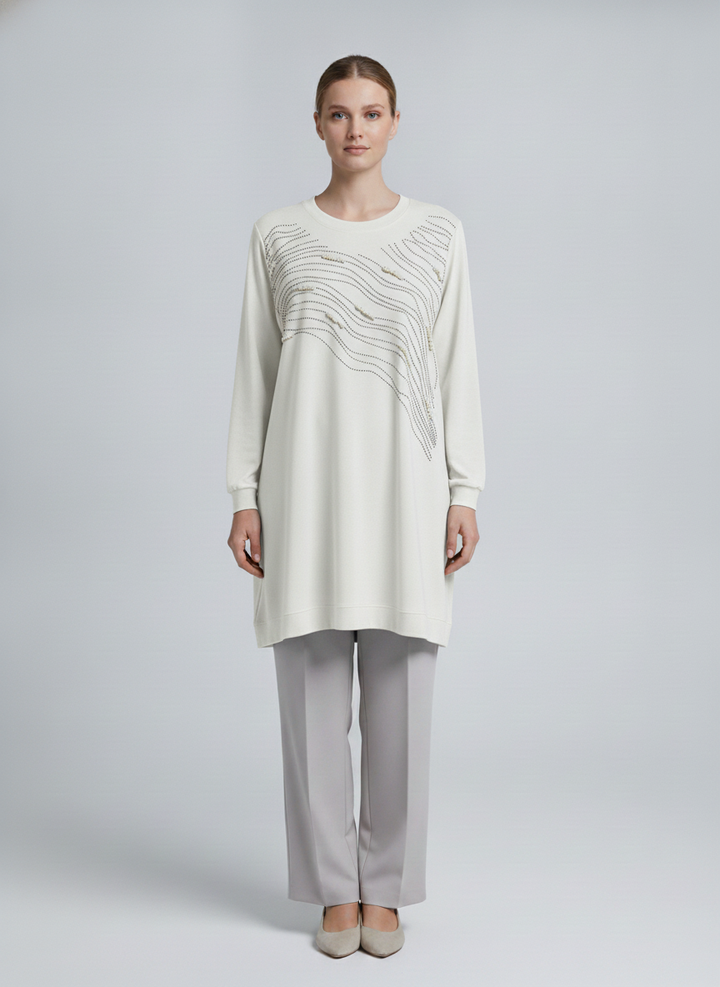 Ondine | Pearl Wave Embellished Tunic — White (front)