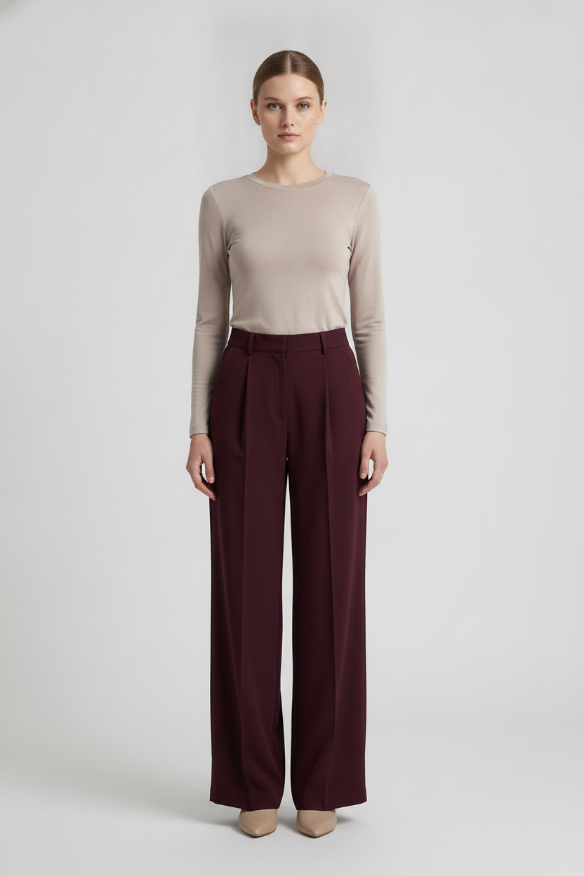 Maren | Pleated High Waist Wide Leg Pants [CLEARANCE -30%] — Burgundy (front)