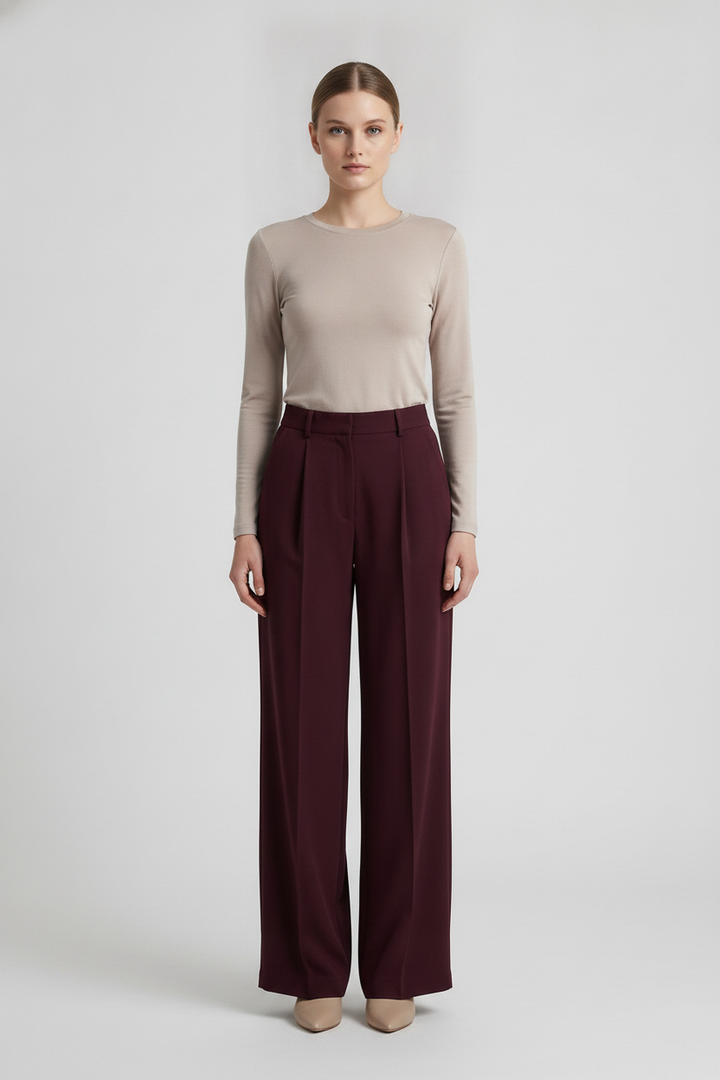 Maren | Pleated High Waist Wide Leg Pants [CLEARANCE -30%] — Burgundy (front)