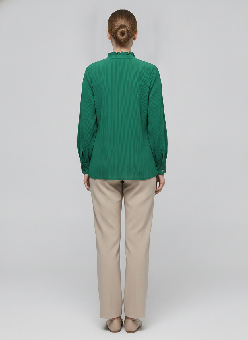 Maribel | Plisse Ruffle Blouse — Green (back)