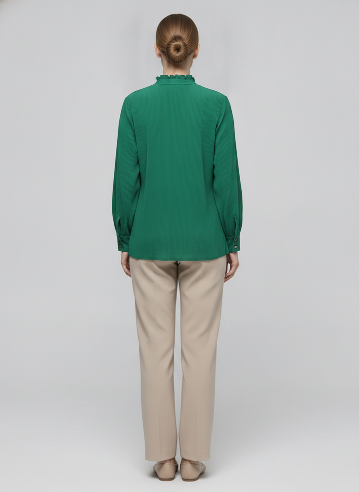 Maribel | Plisse Ruffle Blouse — Green (back)