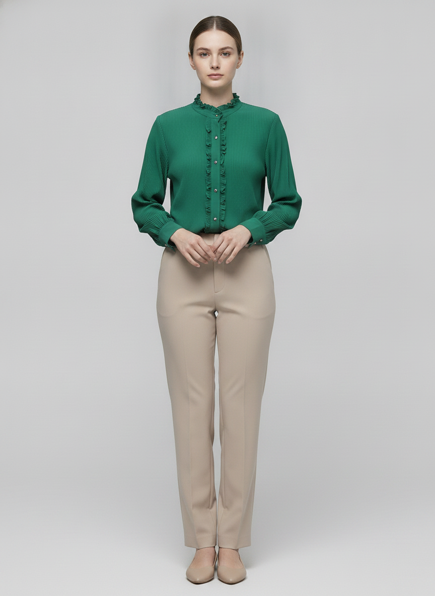 Maribel | Plisse Ruffle Blouse — Green (front)