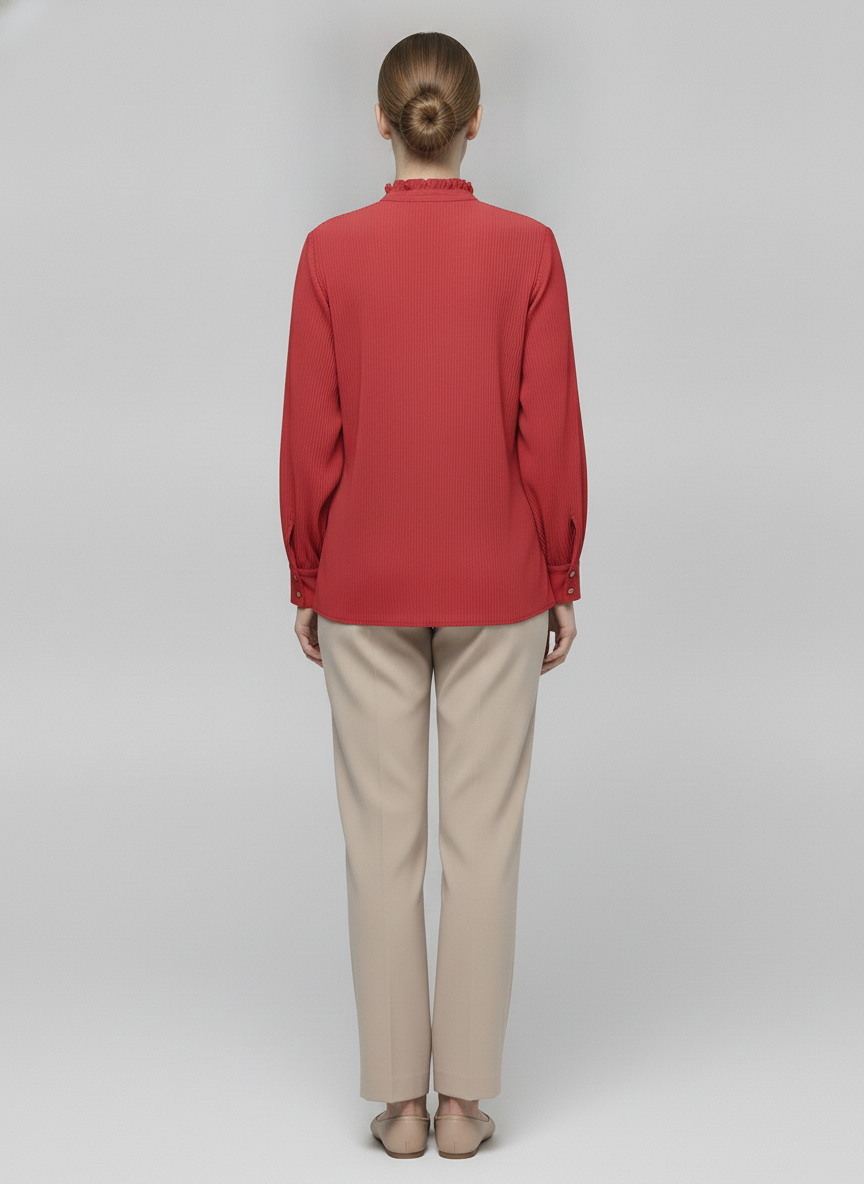 Maribel | Plisse Ruffle Blouse — Red (back)