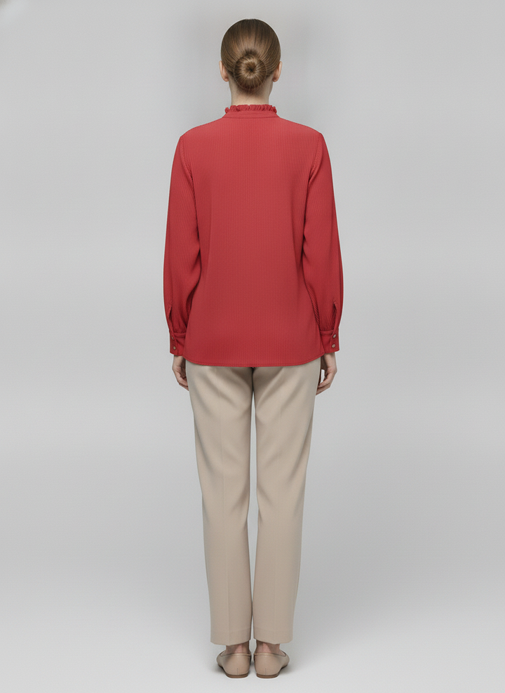 Maribel | Plisse Ruffle Blouse — Red (back)