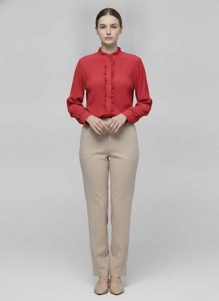 Maribel | Plisse Ruffle Blouse — Red (front)