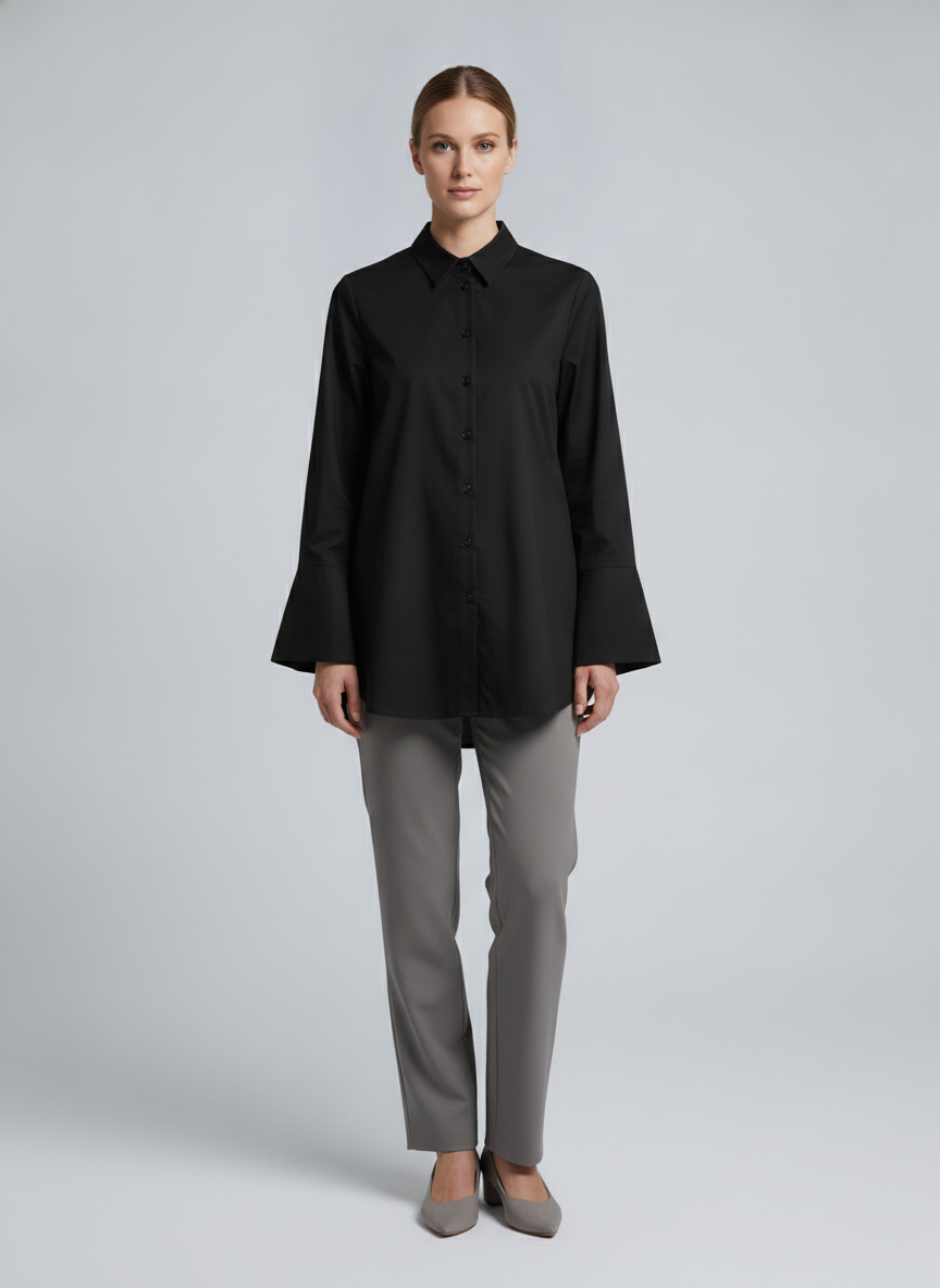 Petra | Poplin Wide-Cuff Shirt — Black (front)