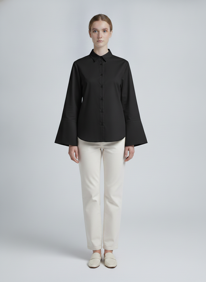 Petra | Poplin Wide-Cuff Shirt — Black (front)